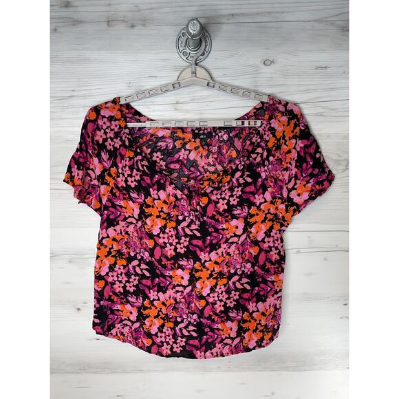 Ellos Shirt Womens 16 Black Pink Orange Floral Print Short Sleeve Scoop Neck - Picture 1 of 8